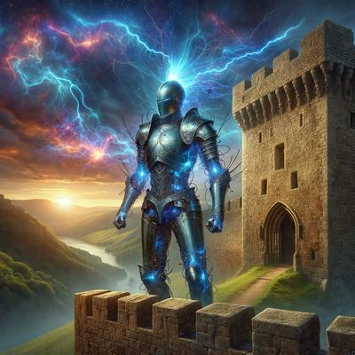 The primary subject of the image is a futuristic robot, which is the main object, scene, or focus of the image. The robot is standing in front of a castle, which serves as the setting or background of the image. The visual style of the image is digital art, as it is a digital illustration of the robot. The dominant colors in the image are blue and purple, creating a futuristic and otherworldly atmosphere.